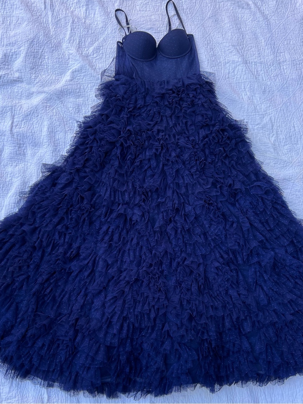 Navy Ruffle Tulle Evening Gown with Spaghetti Straps